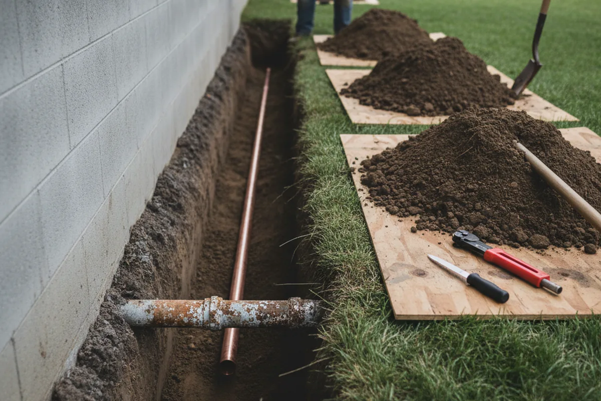 Excavated water line trench during Water Heater Repair in Gilmer